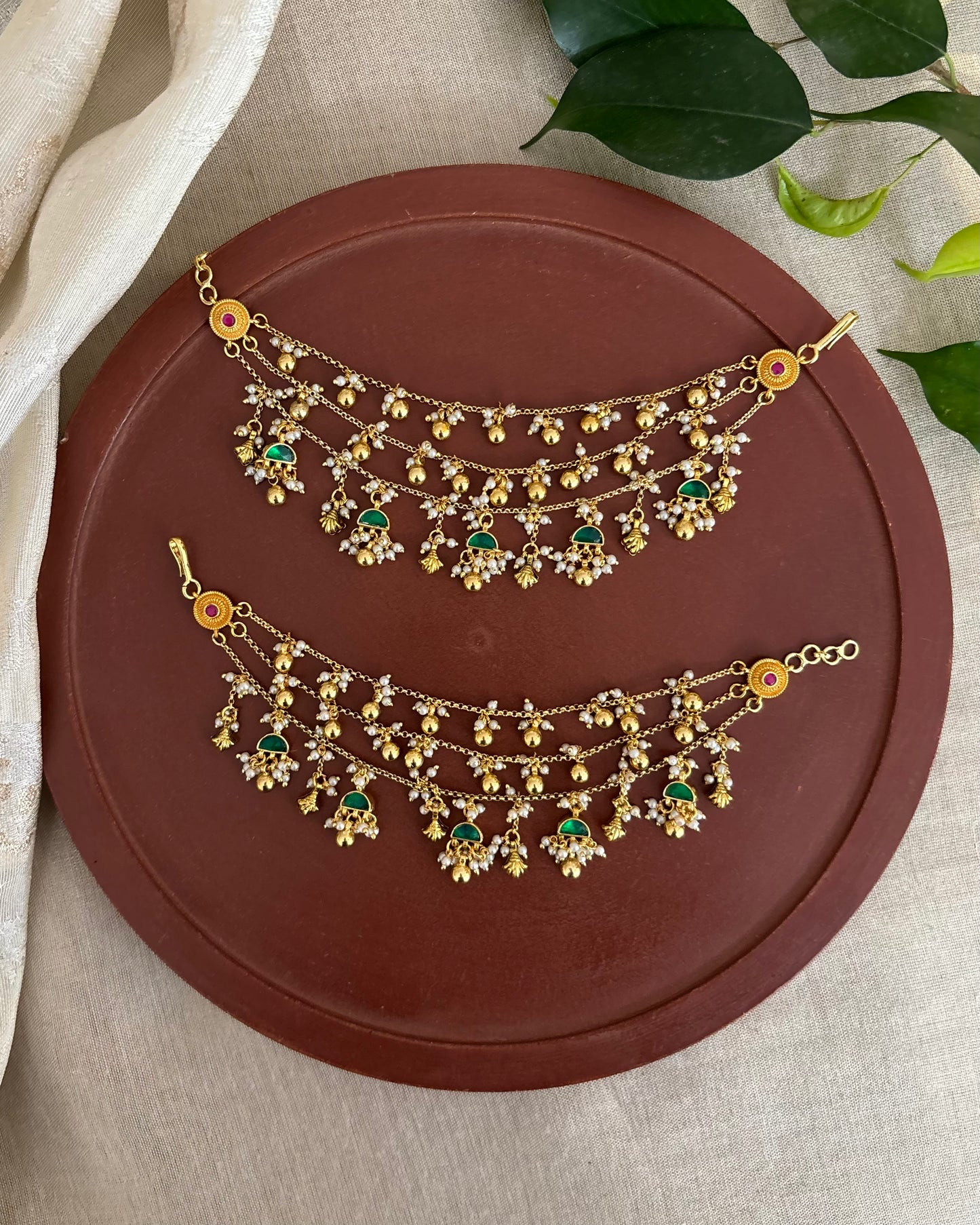 Green Color Gold Plated Jadau Kundan Ear Chain | EC154
