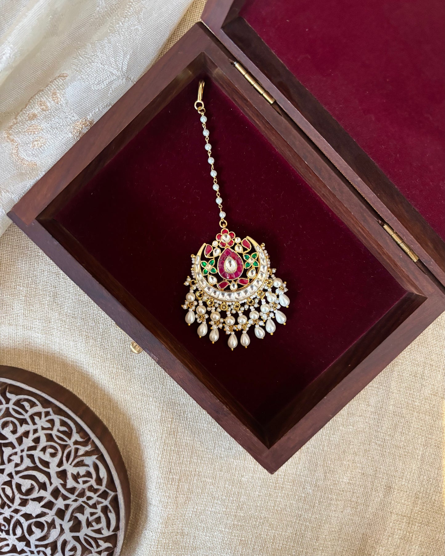 Floral Jadau Maang Tikka | Multi Colour With Pearl Hanging | MT265