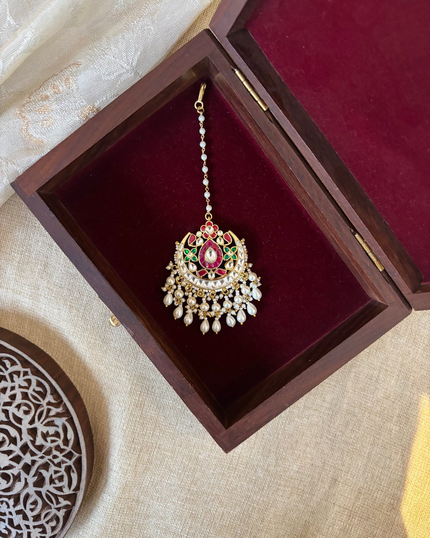 Floral Jadau Maang Tikka | Multi Colour With Pearl Hanging | MT265