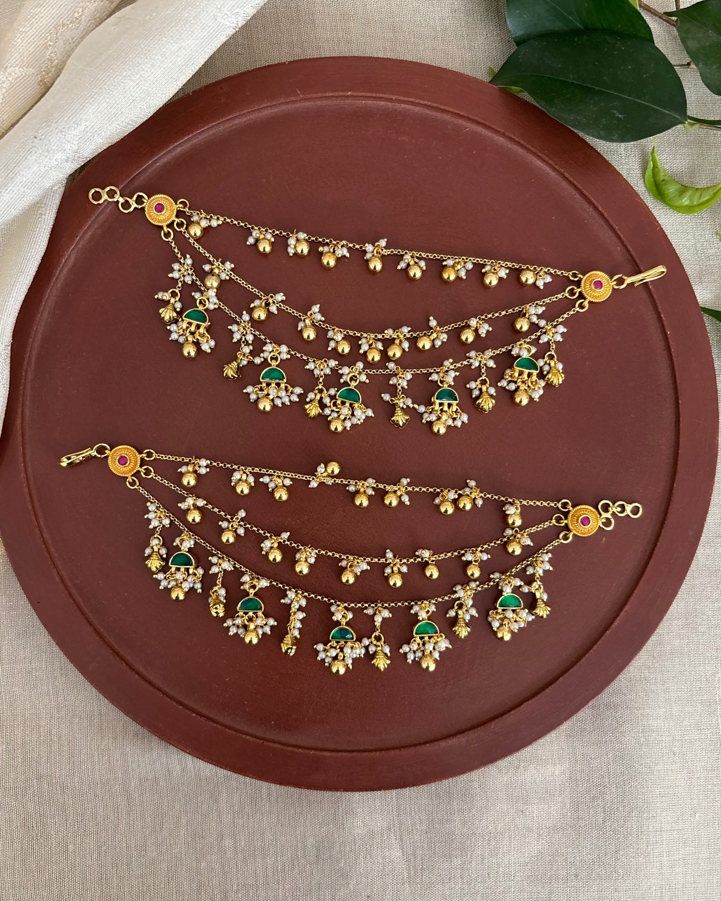 Green Color Gold Plated Jadau Kundan Ear Chain | EC154