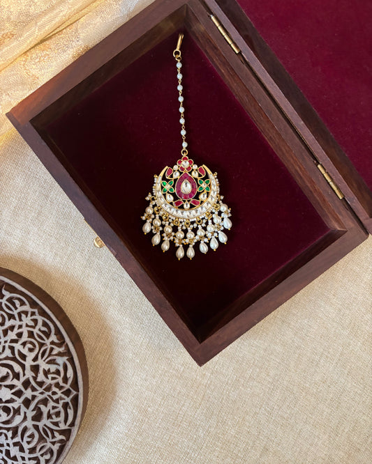 Floral Jadau Maang Tikka | Multi Colour With Pearl Hanging | MT265