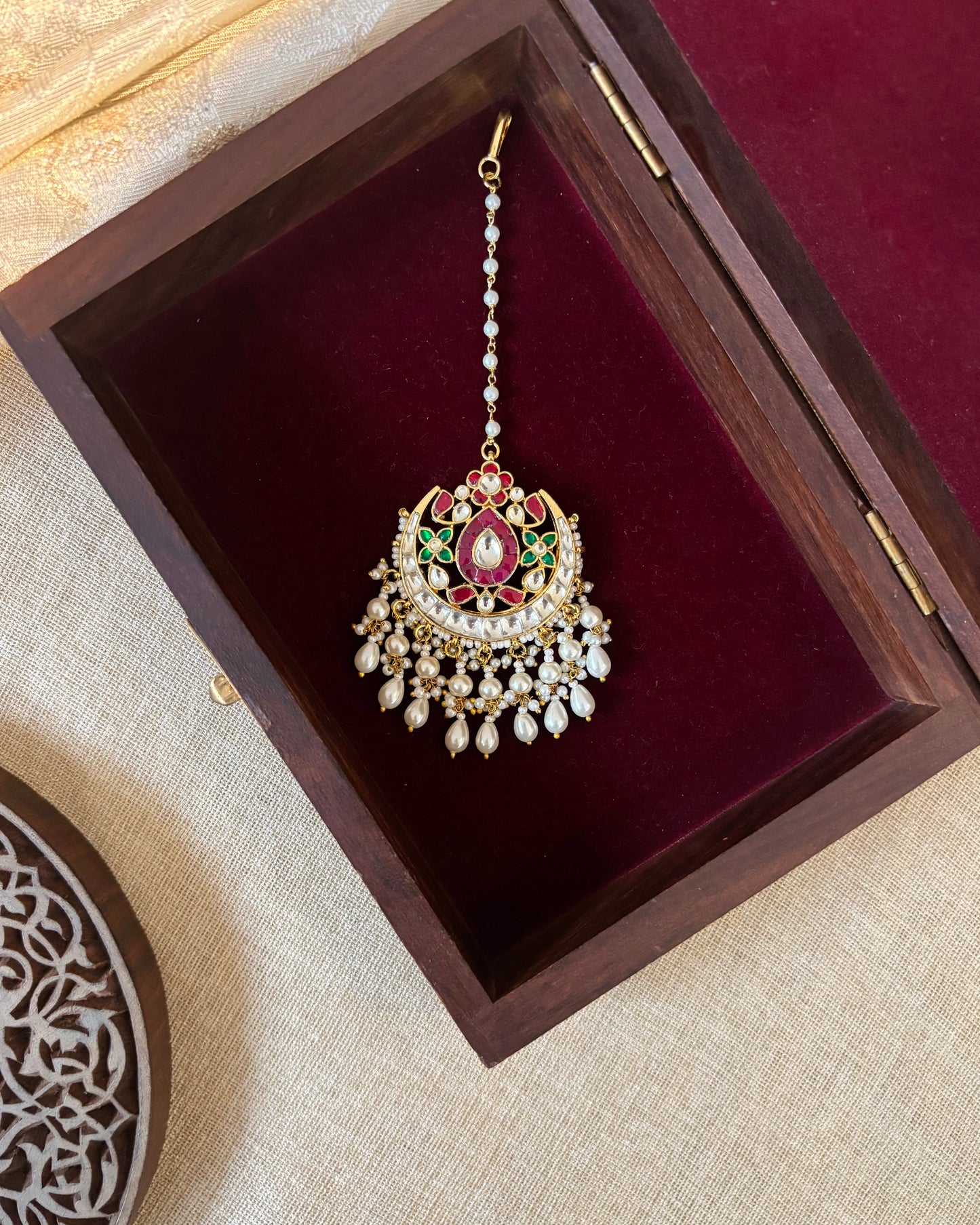 Floral Jadau Maang Tikka | Multi Colour With Pearl Hanging | MT265