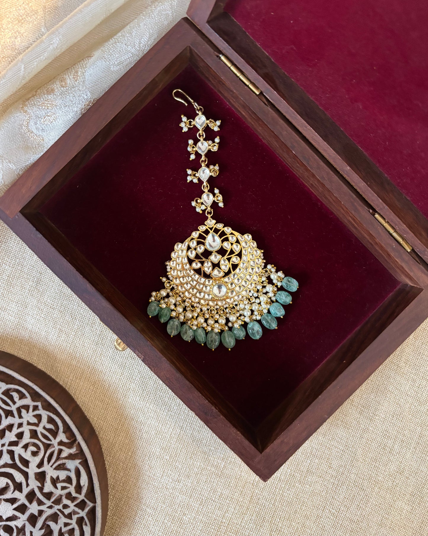 Floral Jadau Maang Tikka | White With Green Beads | MT268