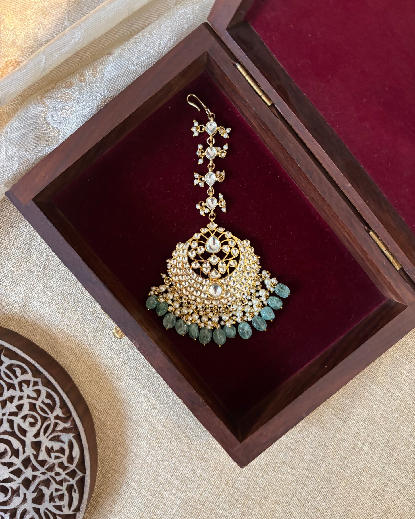 Floral Jadau Maang Tikka | White With Green Beads | MT268