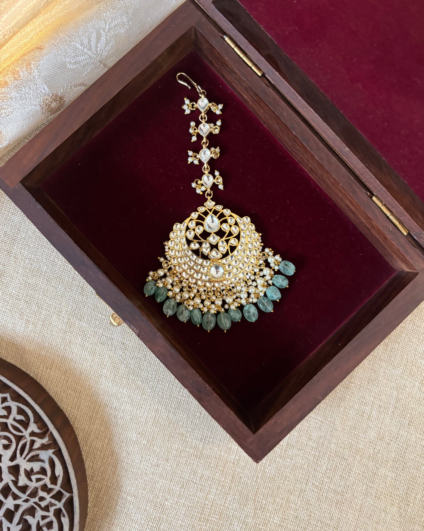 Floral Jadau Maang Tikka | White With Green Beads | MT268