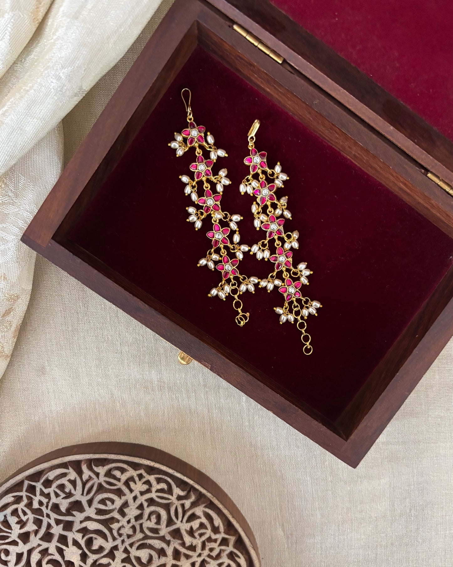 Floral Jadau Kundan Straight Ear Chain –  Multicolor | EC137