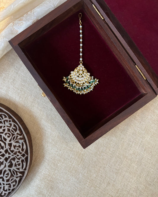 Floral Jadau Maang Tikka | White With Green Beads | MT292