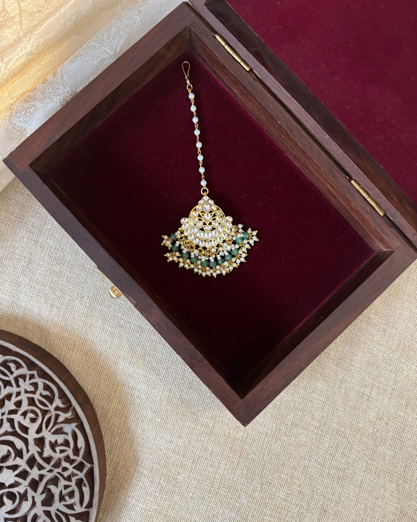 Floral Jadau Maang Tikka | White With Green Beads | MT292