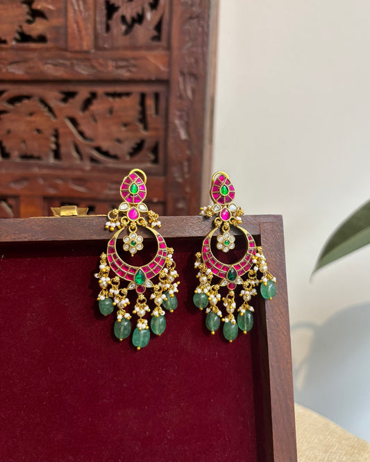 Bridal Jadau Kundan Chandbali Earrings with Pearls & Strawberry Beads | ER268