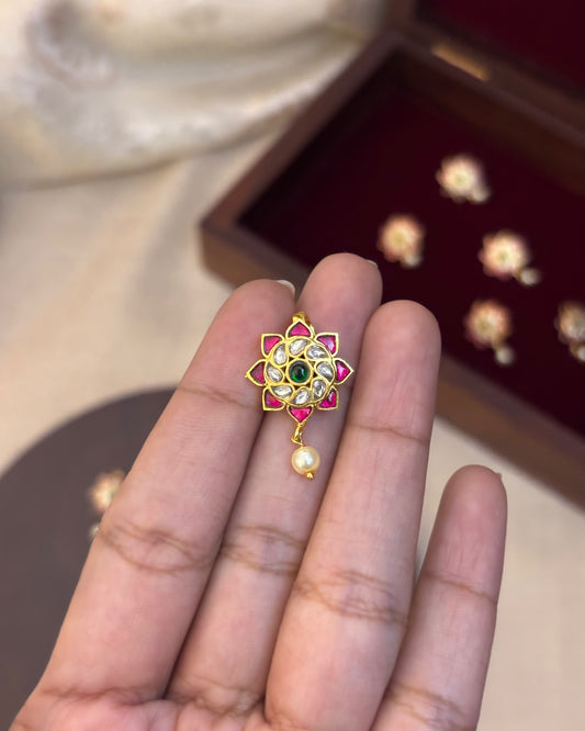 Multicolor Floral Jadau Kundan Hair Pin with Pearl Drops | HA091