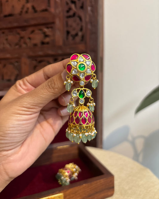 Multicolor Floral Jadau Kundan Long Jhumkas with Pearl Hangings | ER267