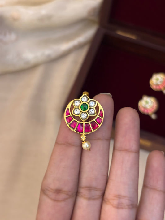 Multicolor Floral Jadau Kundan Hair Pin with Pearl Drops | HA092