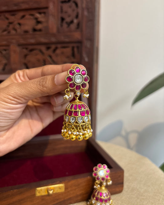 Floral Jadau Kundan Jhumkas with Pearl Hangings | ER260