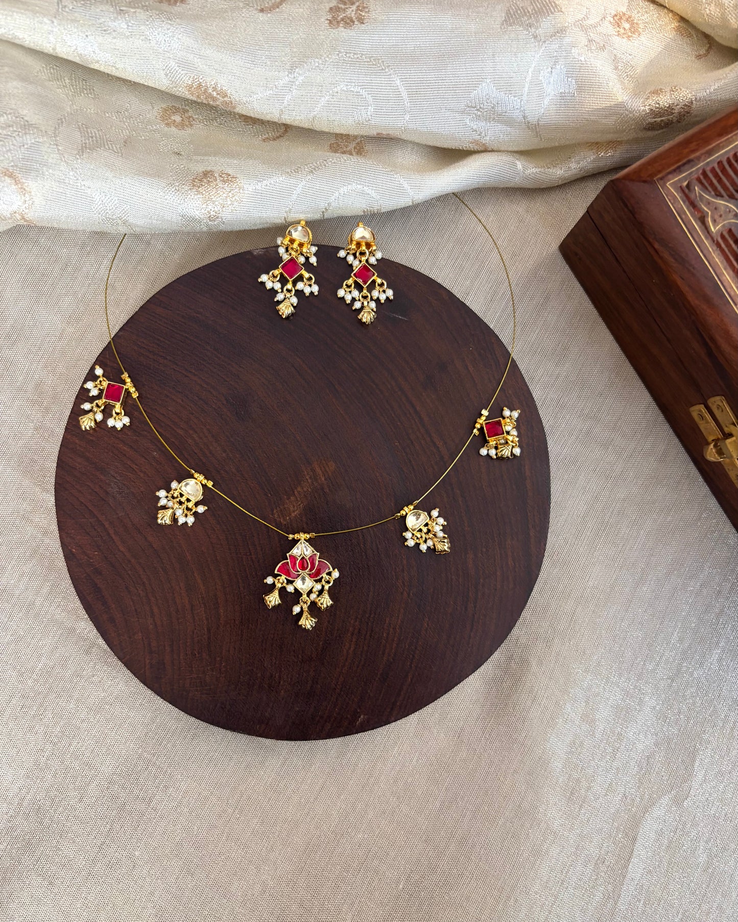 Jadau Kundan Invisible Chain Necklace with Earrings | NC152