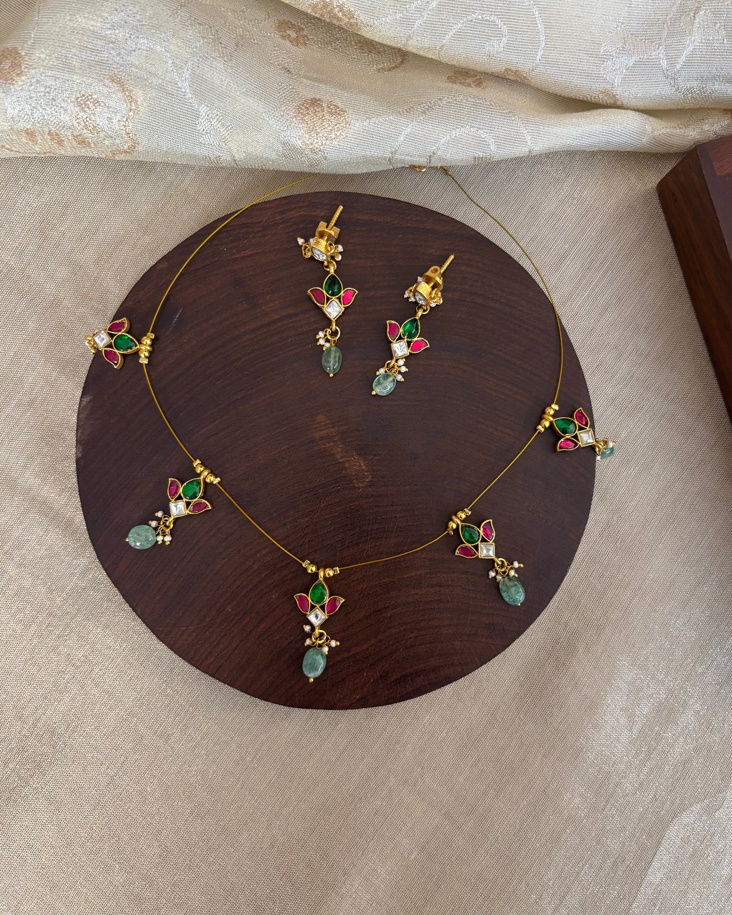 Jadau Kundan Invisible Chain Necklace with Earrings | Multi Colour | NC568