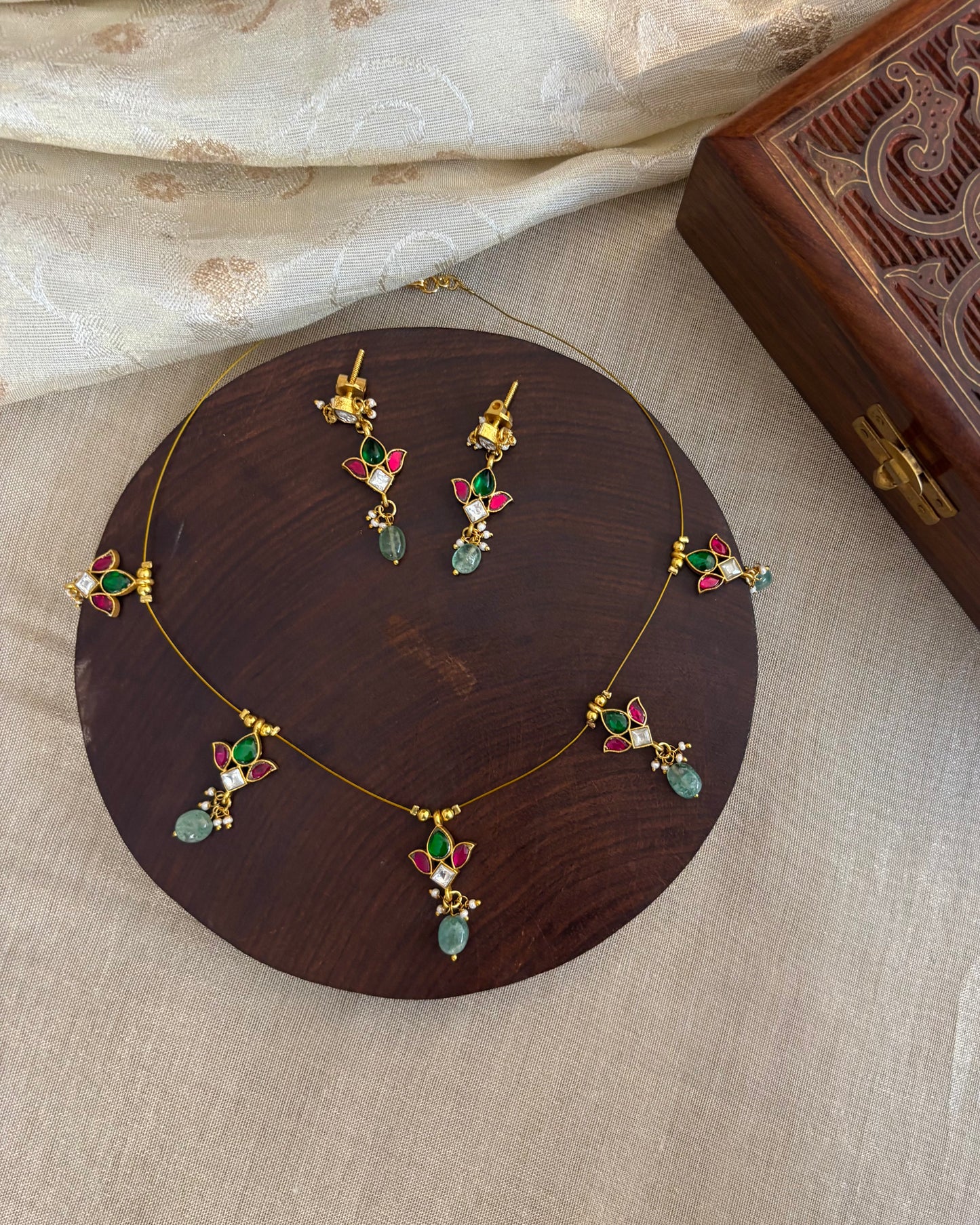 Jadau Kundan Invisible Chain Necklace with Earrings | Multi Colour | NC568