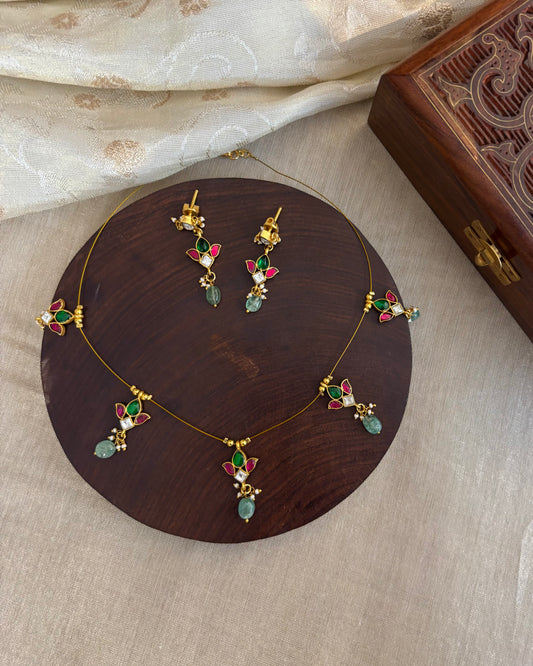 Jadau Kundan Invisible Chain Necklace with Earrings | Multi Colour | NC568