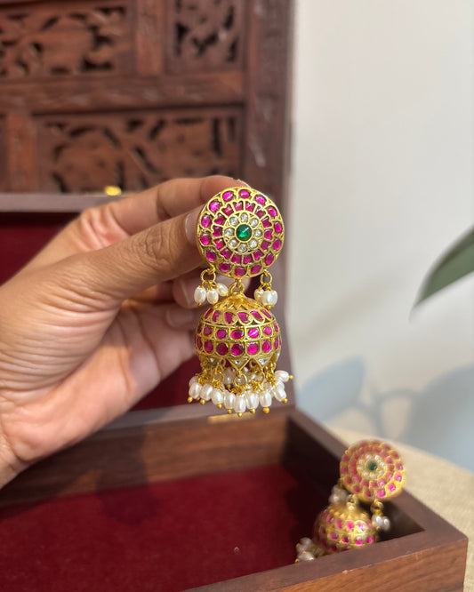 Multicolor Floral Jadau Kundan Jhumkas with Pearl Hangings | ER261