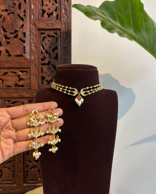 Classic Pearl Chand Choker Set | Crescent Motif with Matching Earrings| NC270