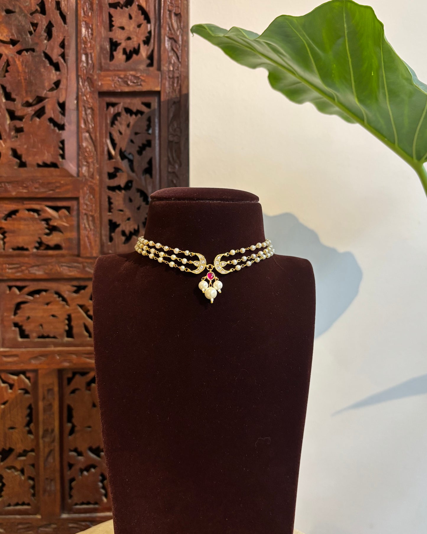 Classic Pearl Chand Choker Set | Crescent Motif with Matching Earrings| NC270