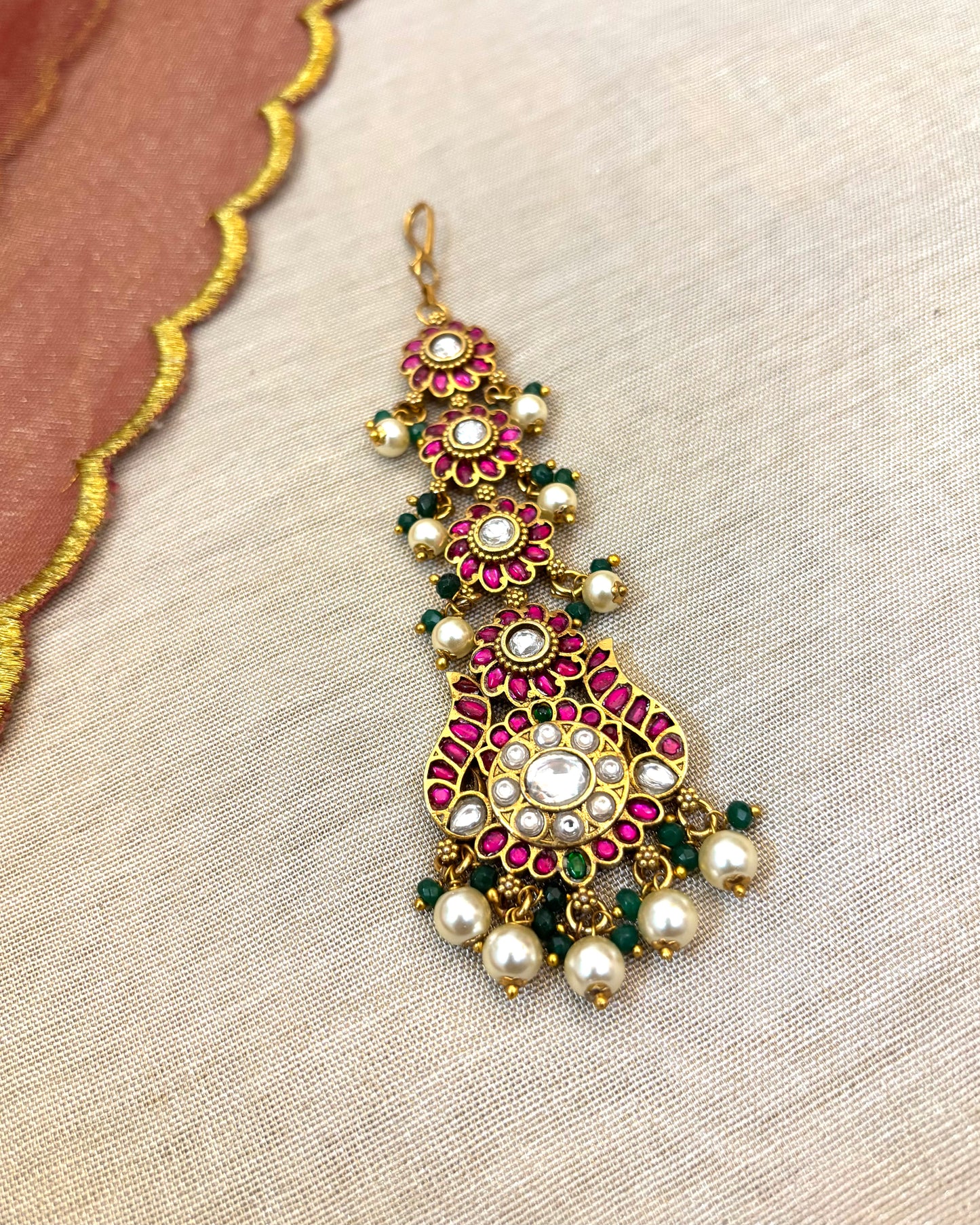 Floral Design Jadau Kundan Maangtika with Pearl Beads | MT044