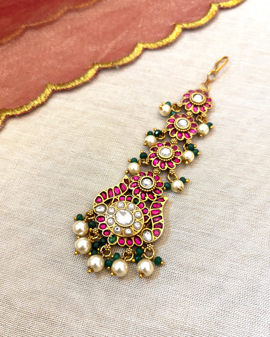 Floral Design Jadau Kundan Maangtika with Pearl Beads | MT044