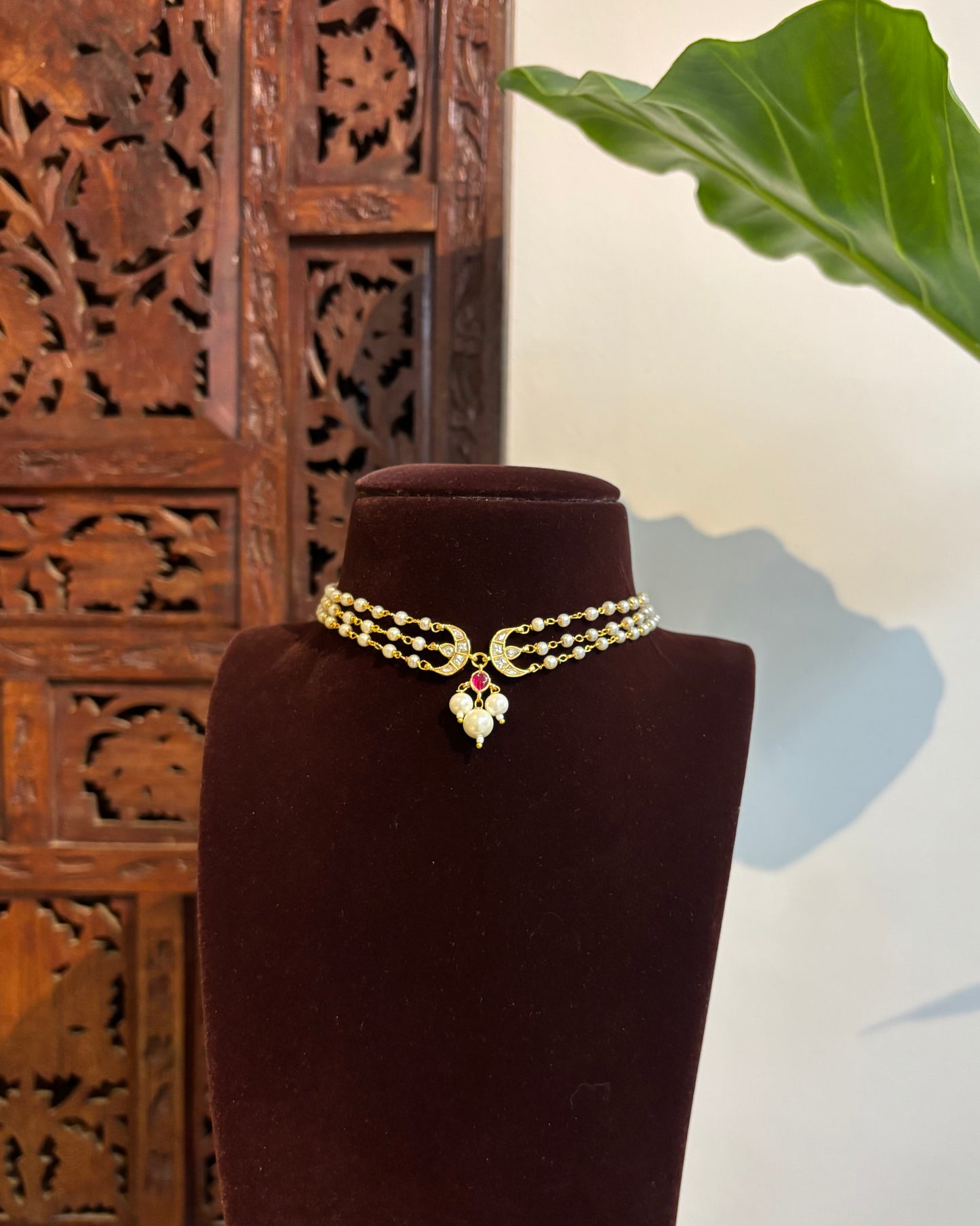 Classic Pearl Chand Choker Set | Crescent Motif with Matching Earrings| NC270