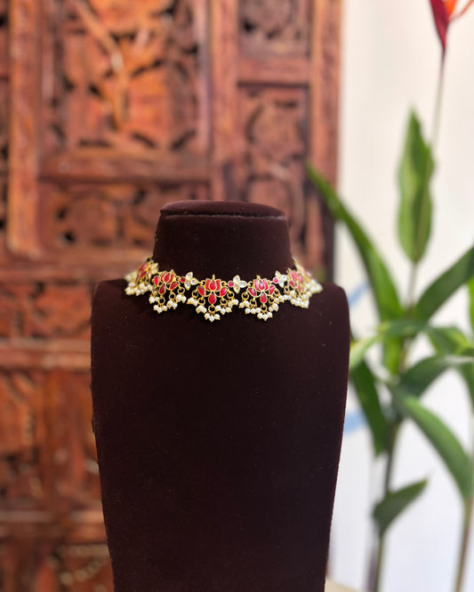 Ruby White Lotus Kundan Choker Set with Earrings – Minimal Statement | NC157