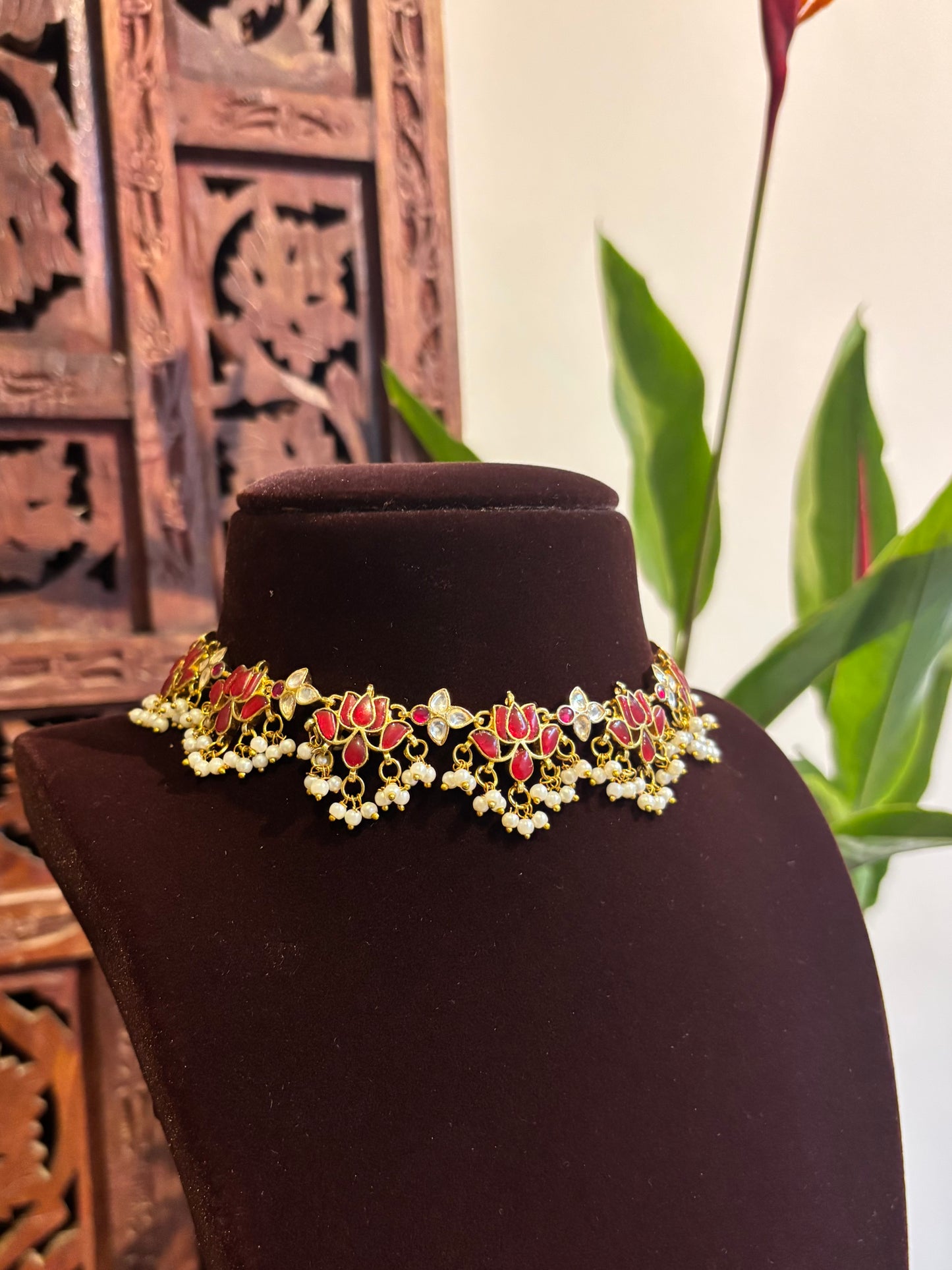 Ruby White Lotus Kundan Choker Set with Earrings – Minimal Statement | NC157