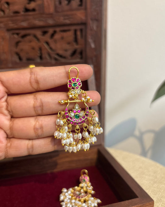 Bridal Jadau Kundan Chandbali Earrings with Pearls & Strawberry Beads | ER265