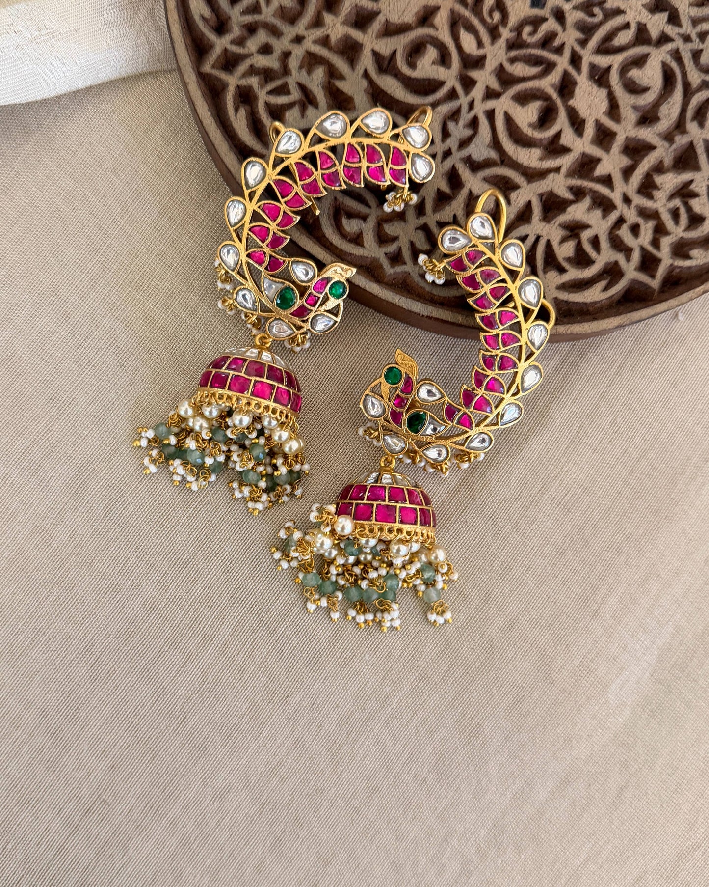 Regal Peacock Ear Cuff Jhumkas – Intricate Kundan Design | ER382