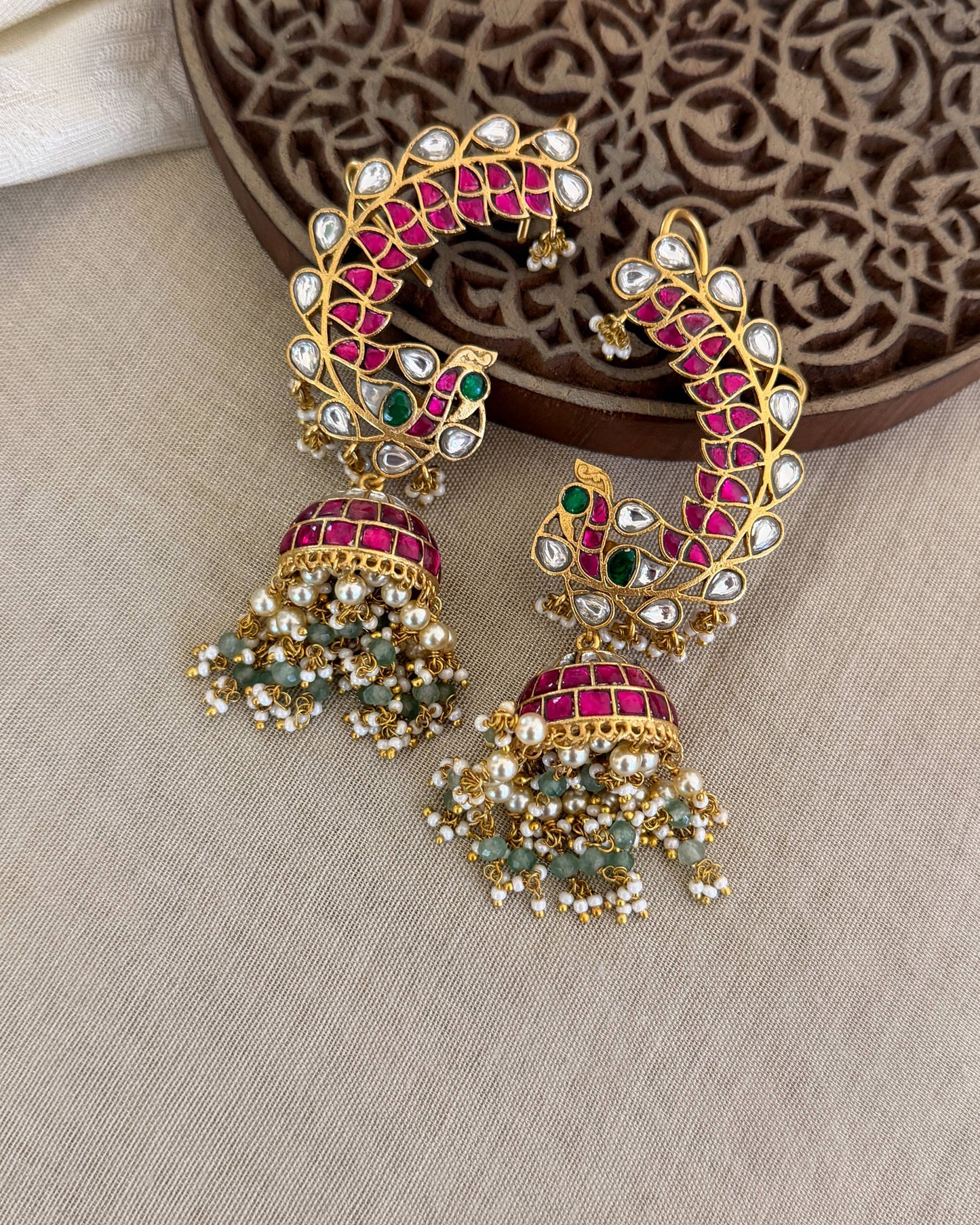 Regal Peacock Ear Cuff Jhumkas – Intricate Kundan Design | ER382