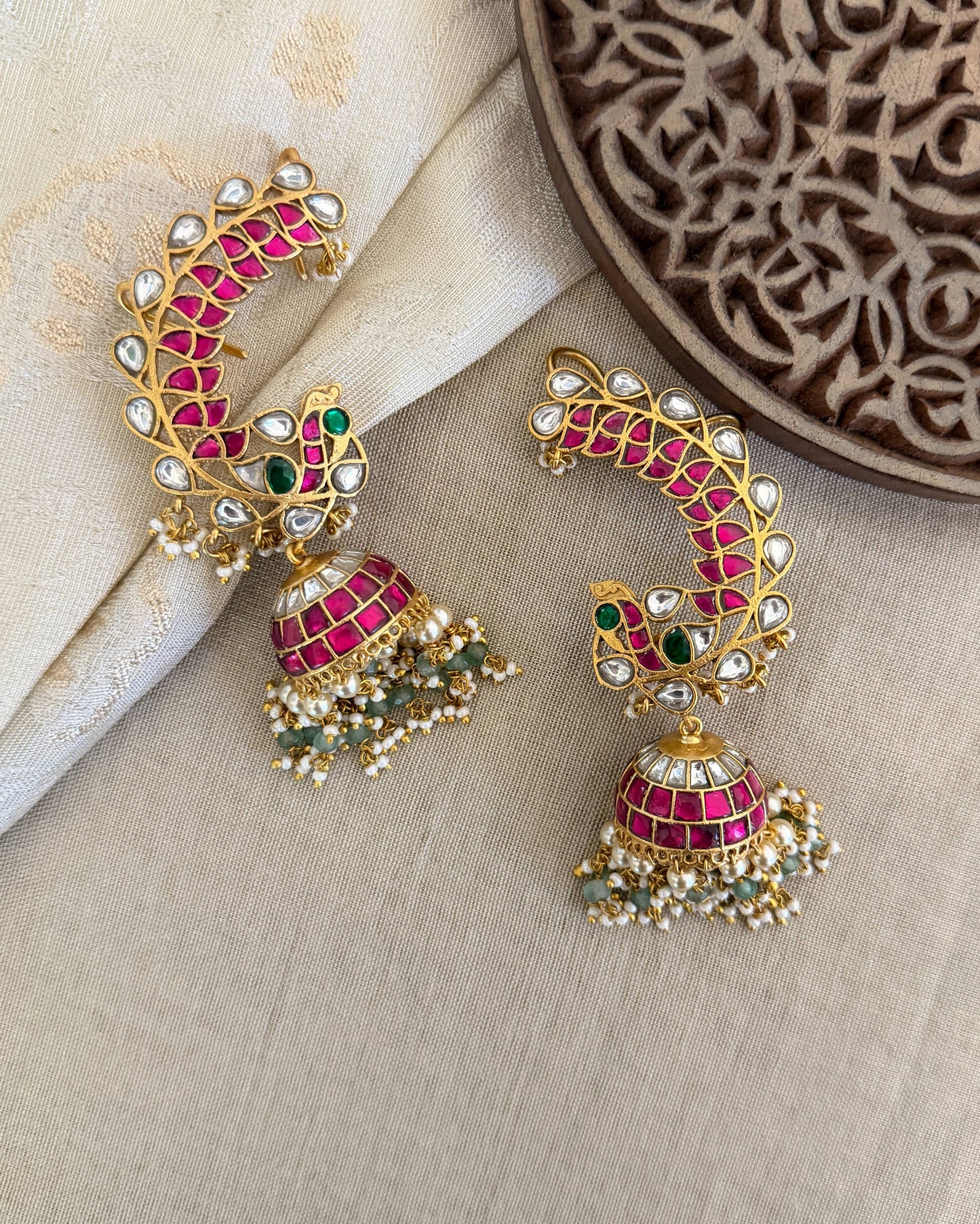Regal Peacock Ear Cuff Jhumkas – Intricate Kundan Design | ER382