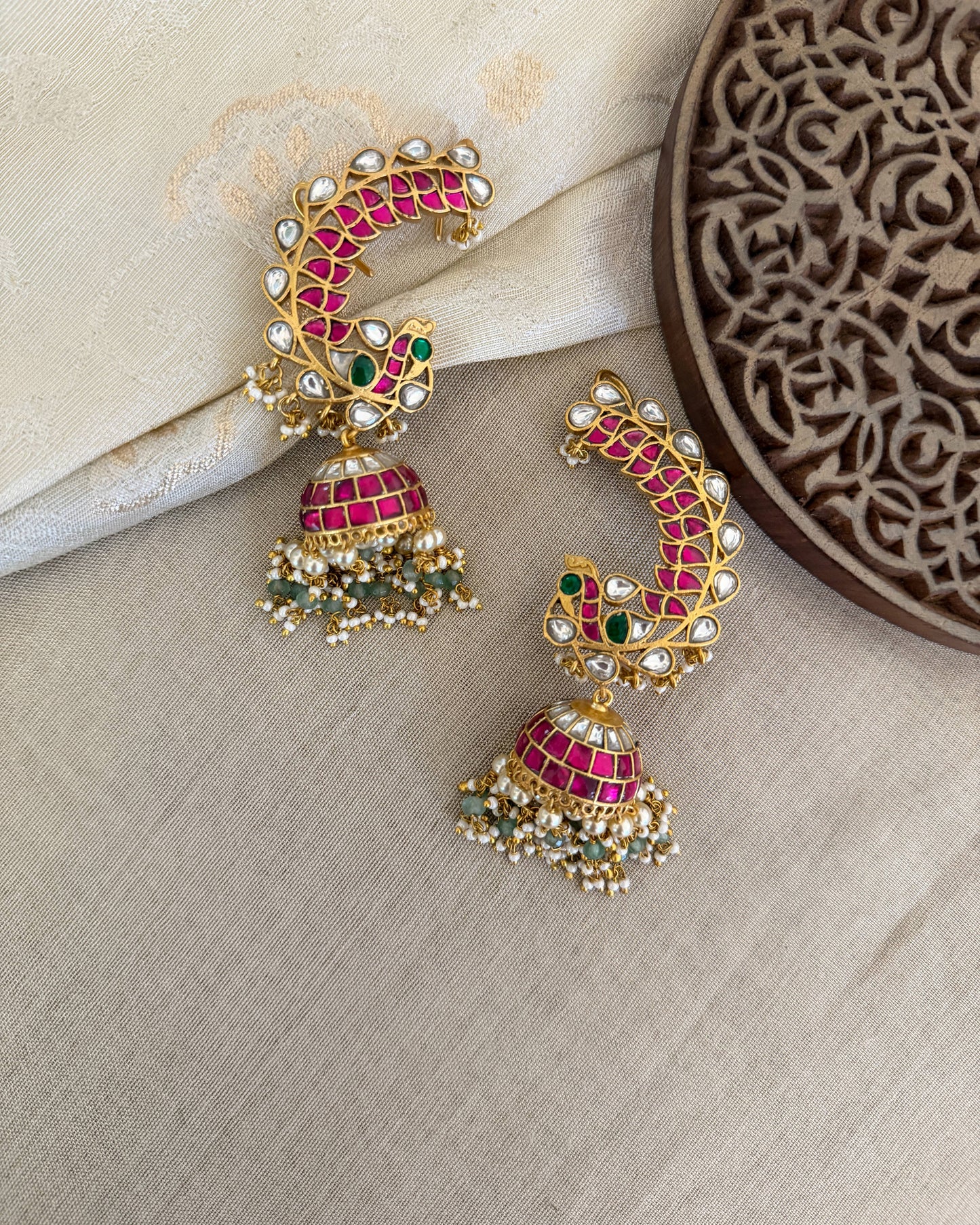 Regal Peacock Ear Cuff Jhumkas – Intricate Kundan Design | ER382