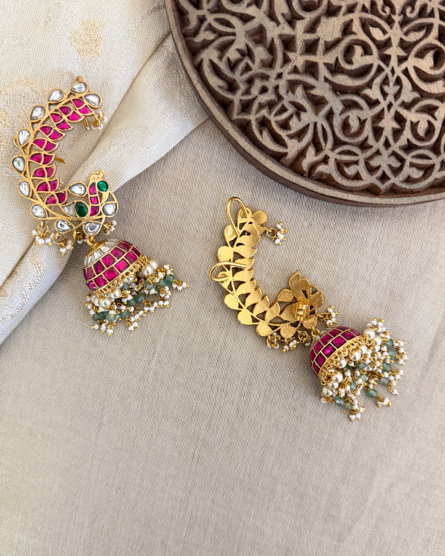 Regal Peacock Ear Cuff Jhumkas – Intricate Kundan Design | ER382