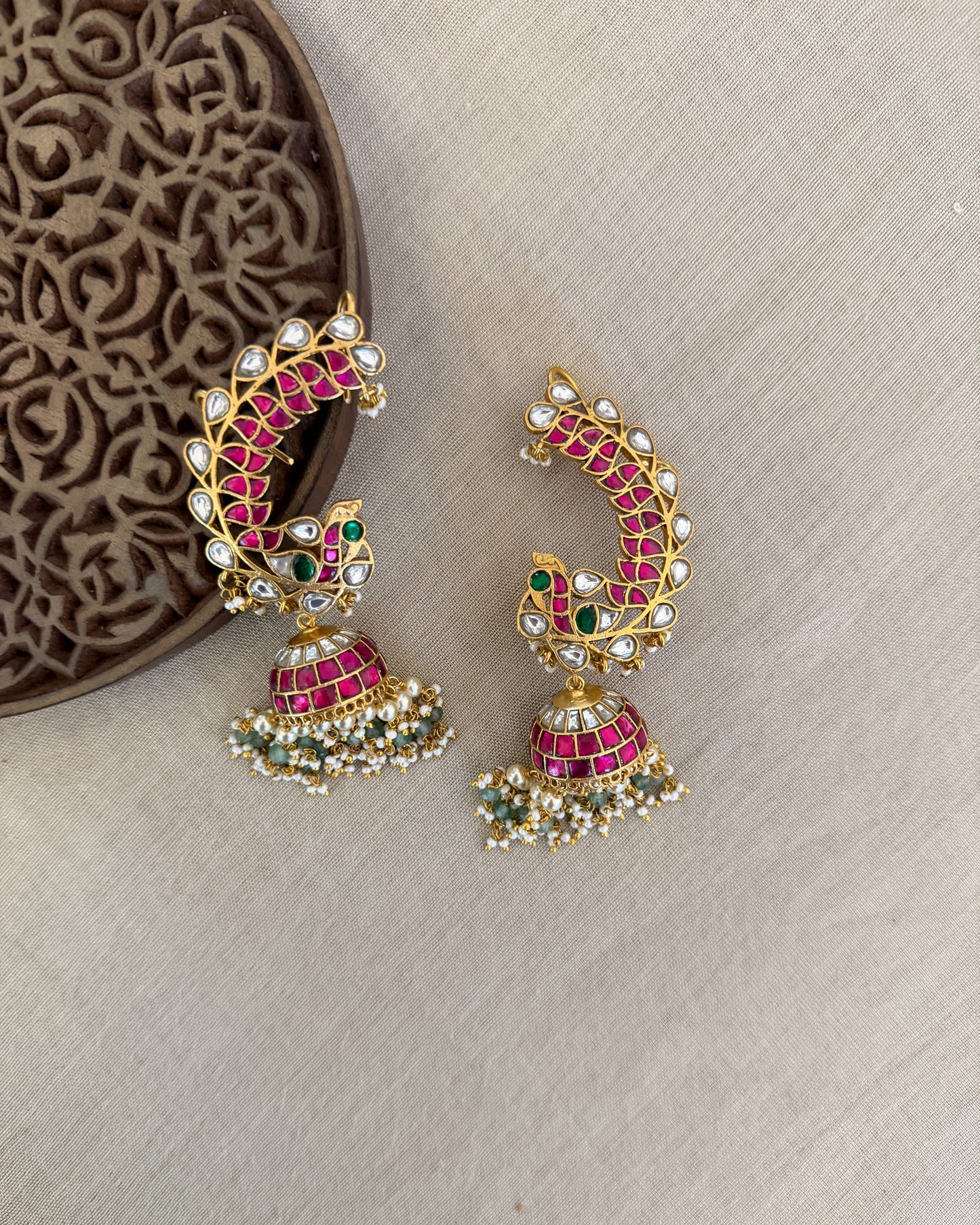 Regal Peacock Ear Cuff Jhumkas – Intricate Kundan Design | ER382
