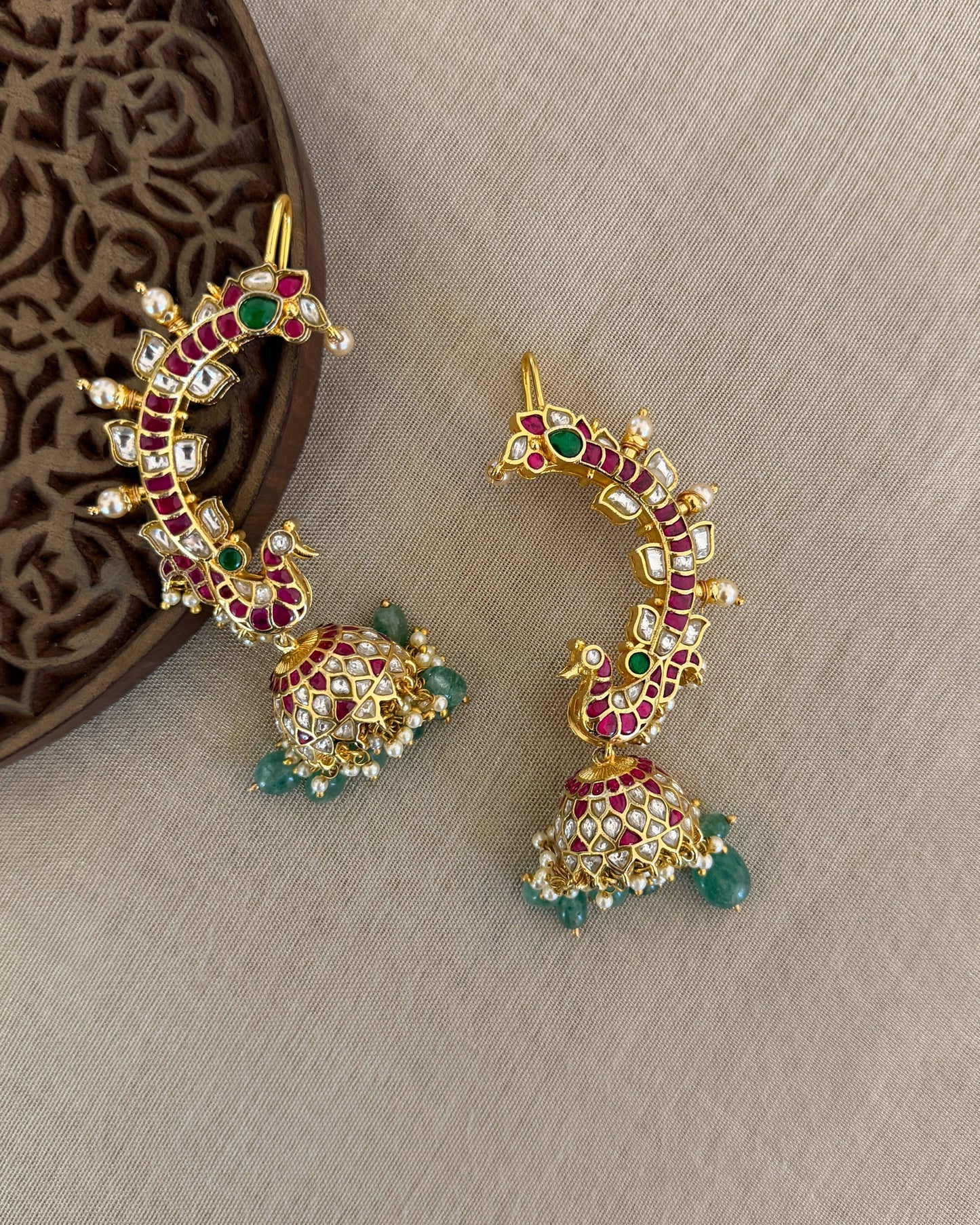 MultiColour Peacock Ear Cuff Jhumkas – Intricate Kundan Design | ER383