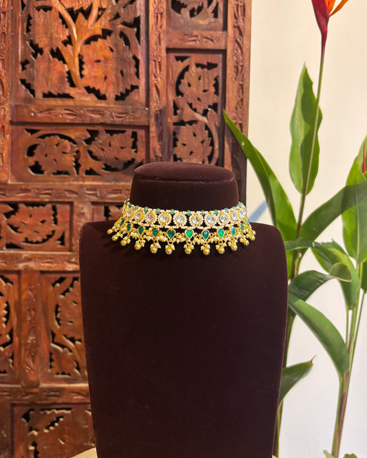 Green White Kundan Choker Set with Earrings – Minimal Statement | NC166