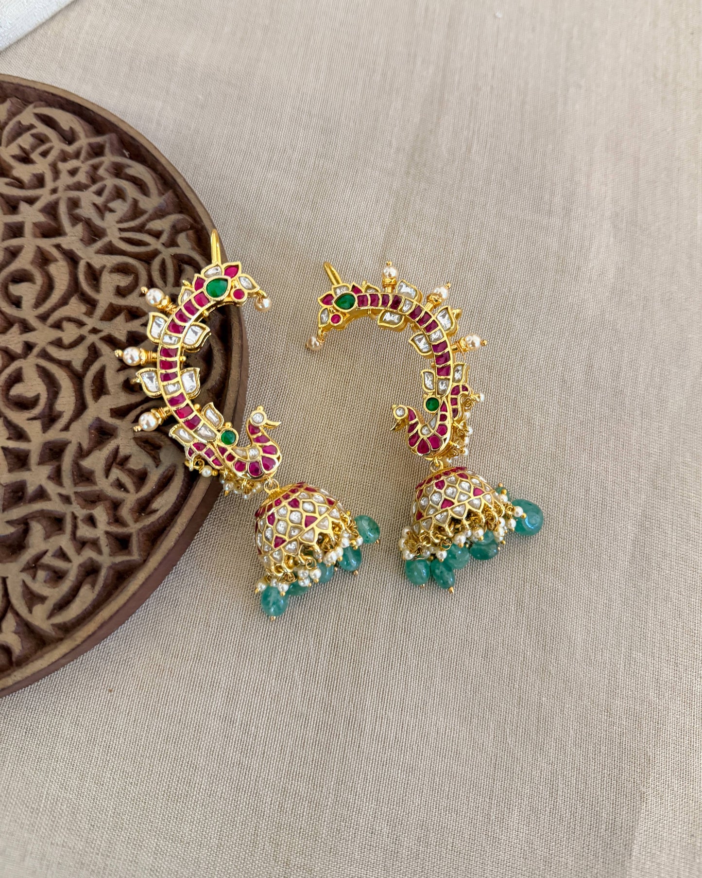 MultiColour Peacock Ear Cuff Jhumkas – Intricate Kundan Design | ER383