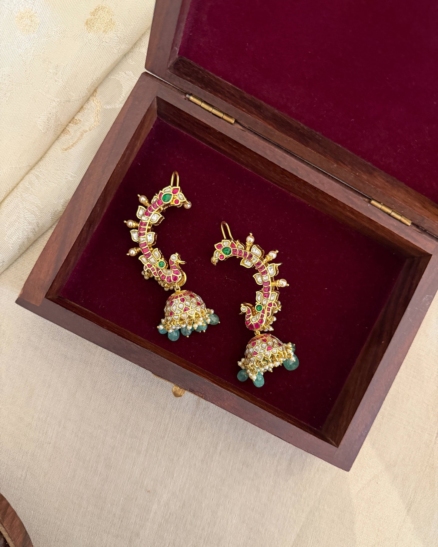 MultiColour Peacock Ear Cuff Jhumkas – Intricate Kundan Design | ER383