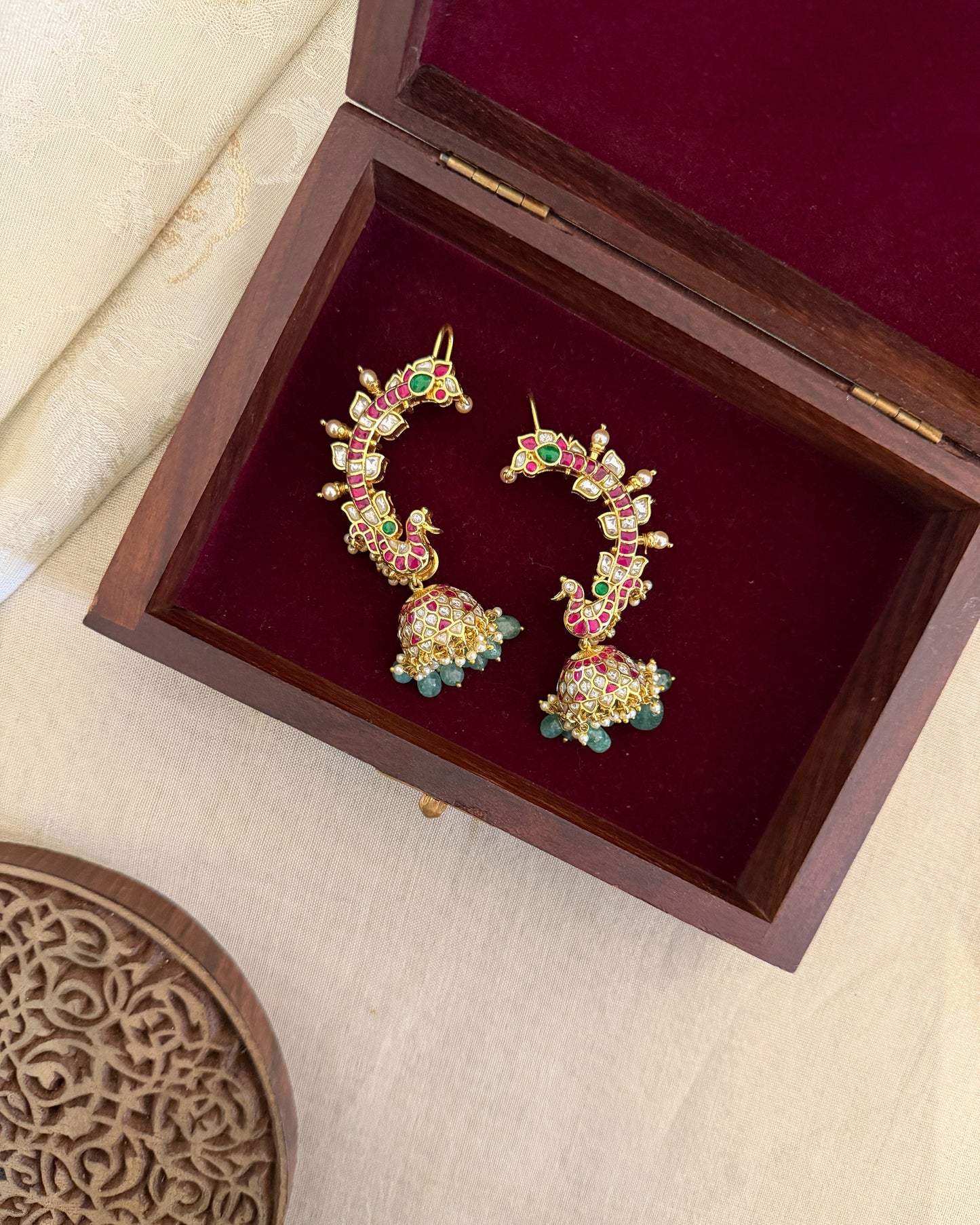 MultiColour Peacock Ear Cuff Jhumkas – Intricate Kundan Design | ER383