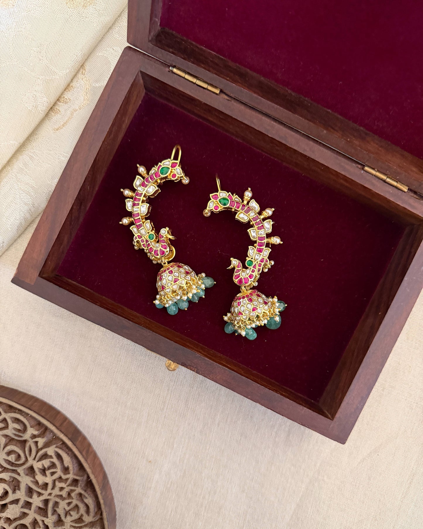 MultiColour Peacock Ear Cuff Jhumkas – Intricate Kundan Design | ER383