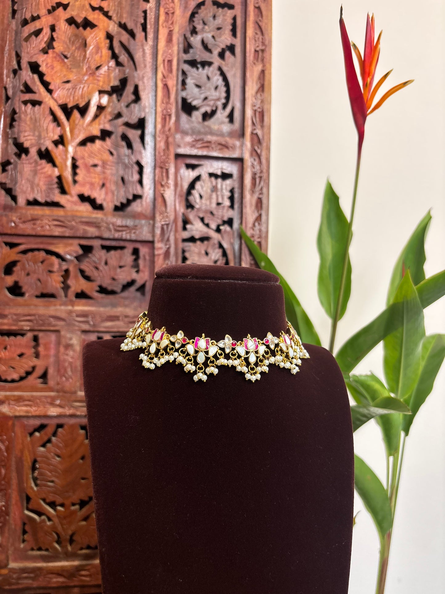 Pink White Lotus Kundan Choker Set with Earrings – Minimal Statement | NC164