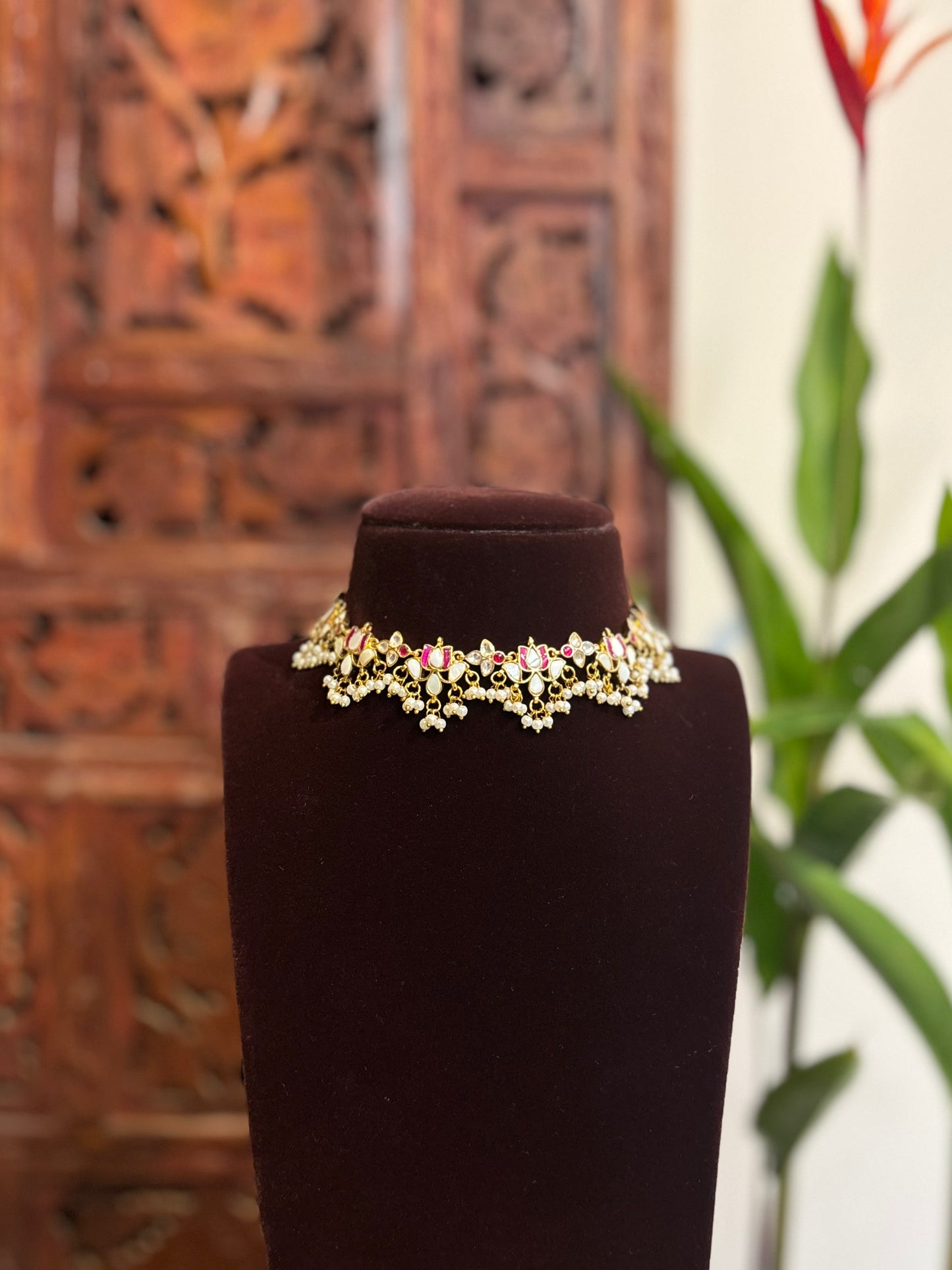 Pink White Lotus Kundan Choker Set with Earrings – Minimal Statement | NC164