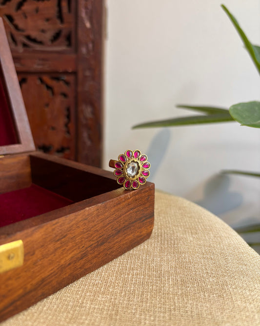 Jadau Kundan Adjustable Rings| Ruby & White | RG005