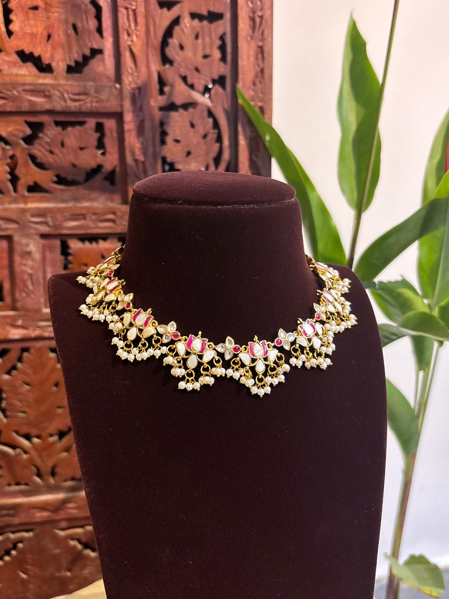 Pink White Lotus Kundan Choker Set with Earrings – Minimal Statement | NC164