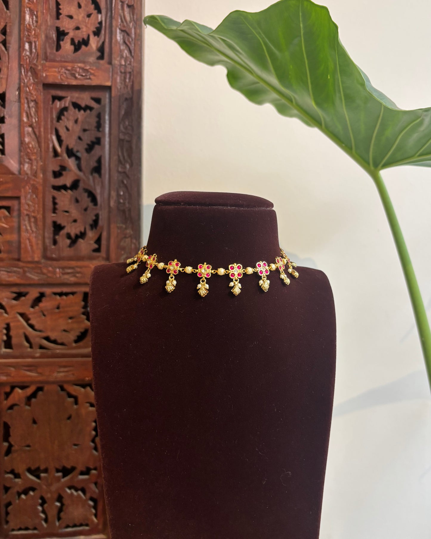 Ruby Floral Delicate Necklace Set – Adjustable Choker with Matching Earrings | NC276