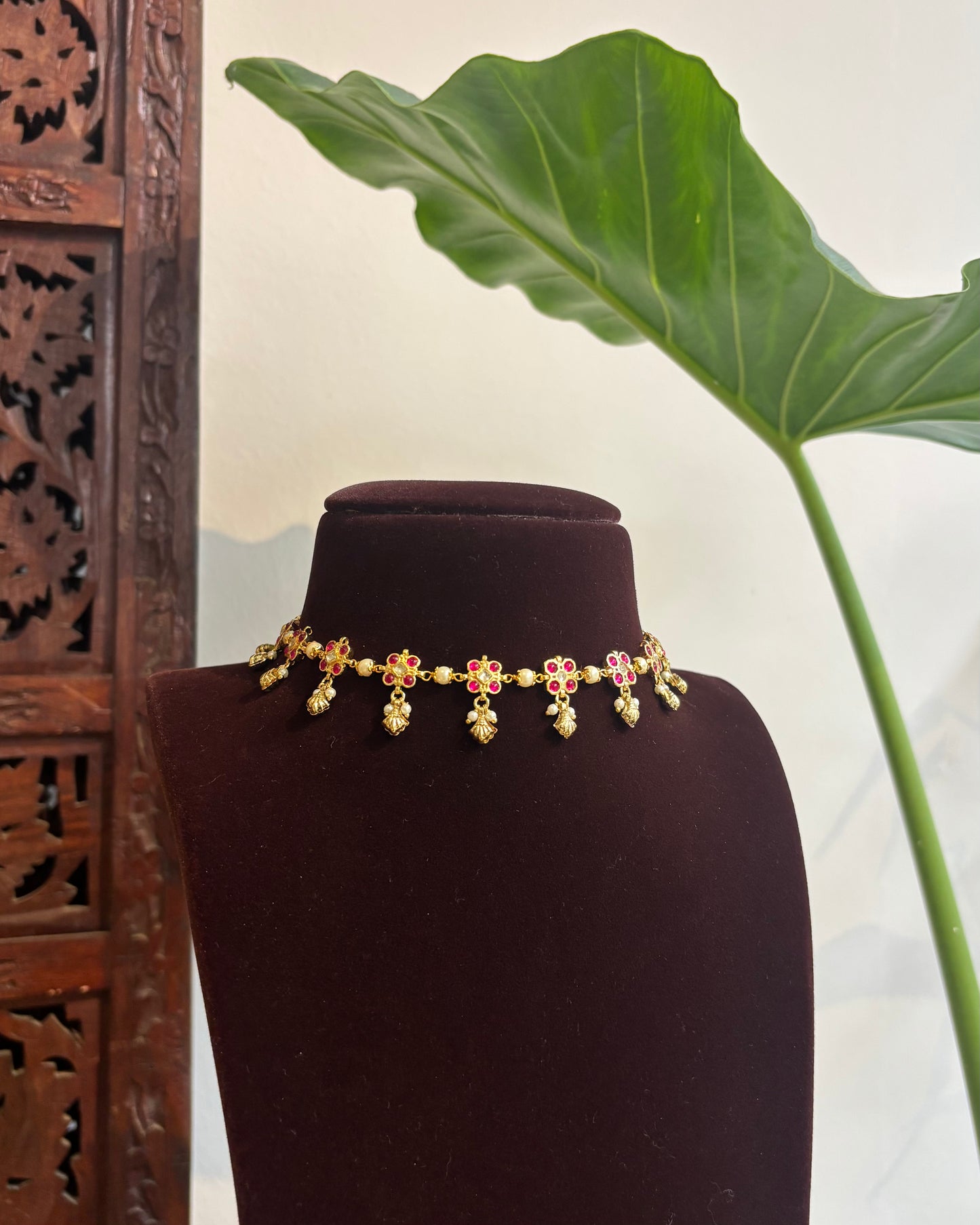 Ruby Floral Delicate Necklace Set – Adjustable Choker with Matching Earrings | NC276