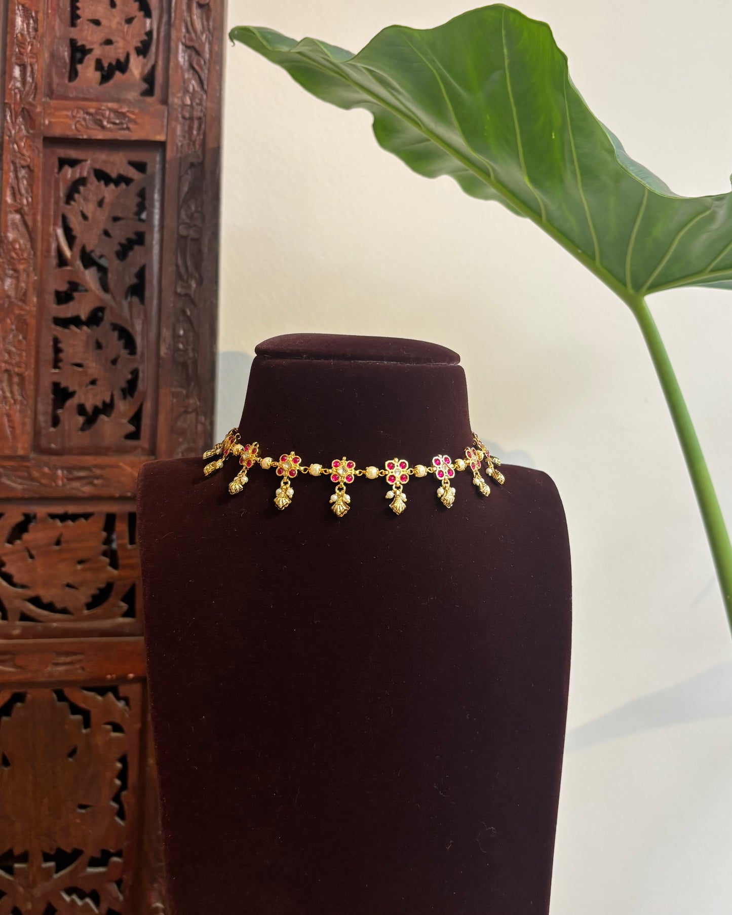 Ruby Floral Delicate Necklace Set – Adjustable Choker with Matching Earrings | NC276