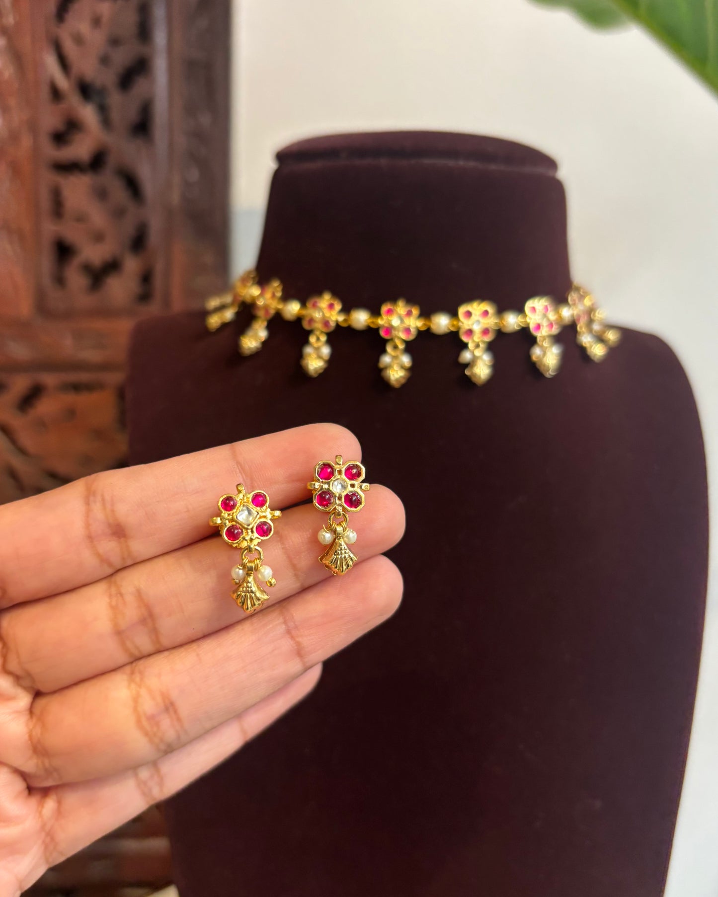 Ruby Floral Delicate Necklace Set – Adjustable Choker with Matching Earrings | NC276